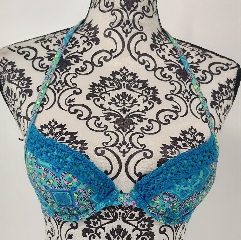 Aerie Teal and Pink  With CrochDetails Floral Bikini Halter Top Women's Size 32A